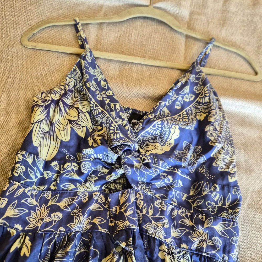 Angie Blue Floral Border Print Smocked Maxi Sundress Boho Chic Sz S